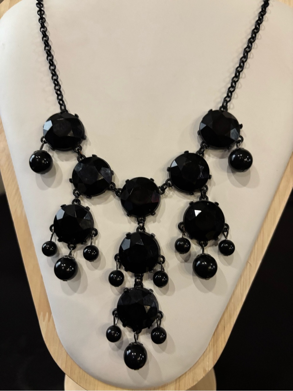 Neiman Marcus Black Faceted Bib Necklace with Drop Accents